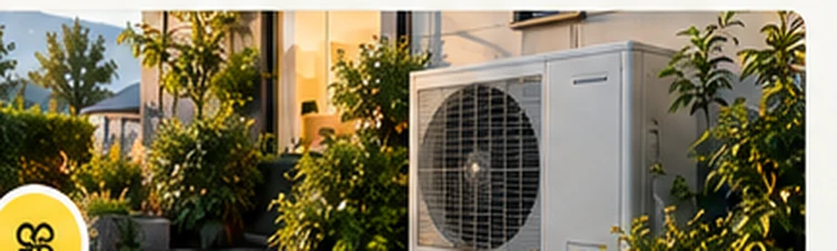Wärmepumpe im Garten eines Wohnhauses