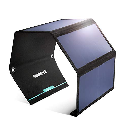 Nekteck 28 W Solar-Ladegerät, tragbares Solarpanel mit 2 USB-Anschluss, IPX4 wasserdicht, Wandern, Camping, Sonnenbetrieben, Ladegerät kompatibel mit iPhone 12/11/11pro/Xs, Samsung Galaxy, Kamera