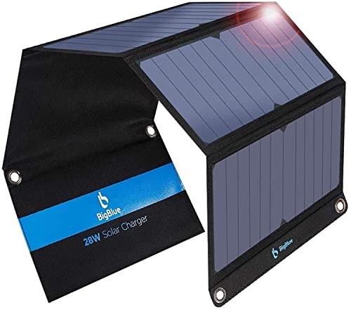 BigBlue 28W Tragbar Solar Ladegerät 2-Port USB(5V/4A insgesamt), IPX4, Solarpanel mit Digital Amperemeter und Reißverschluss zum Schutz - für Wiederaufladen USB-Geräte -iPhone Android GoPro usw