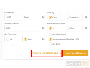 Tarifrechner weitere Einstellungen